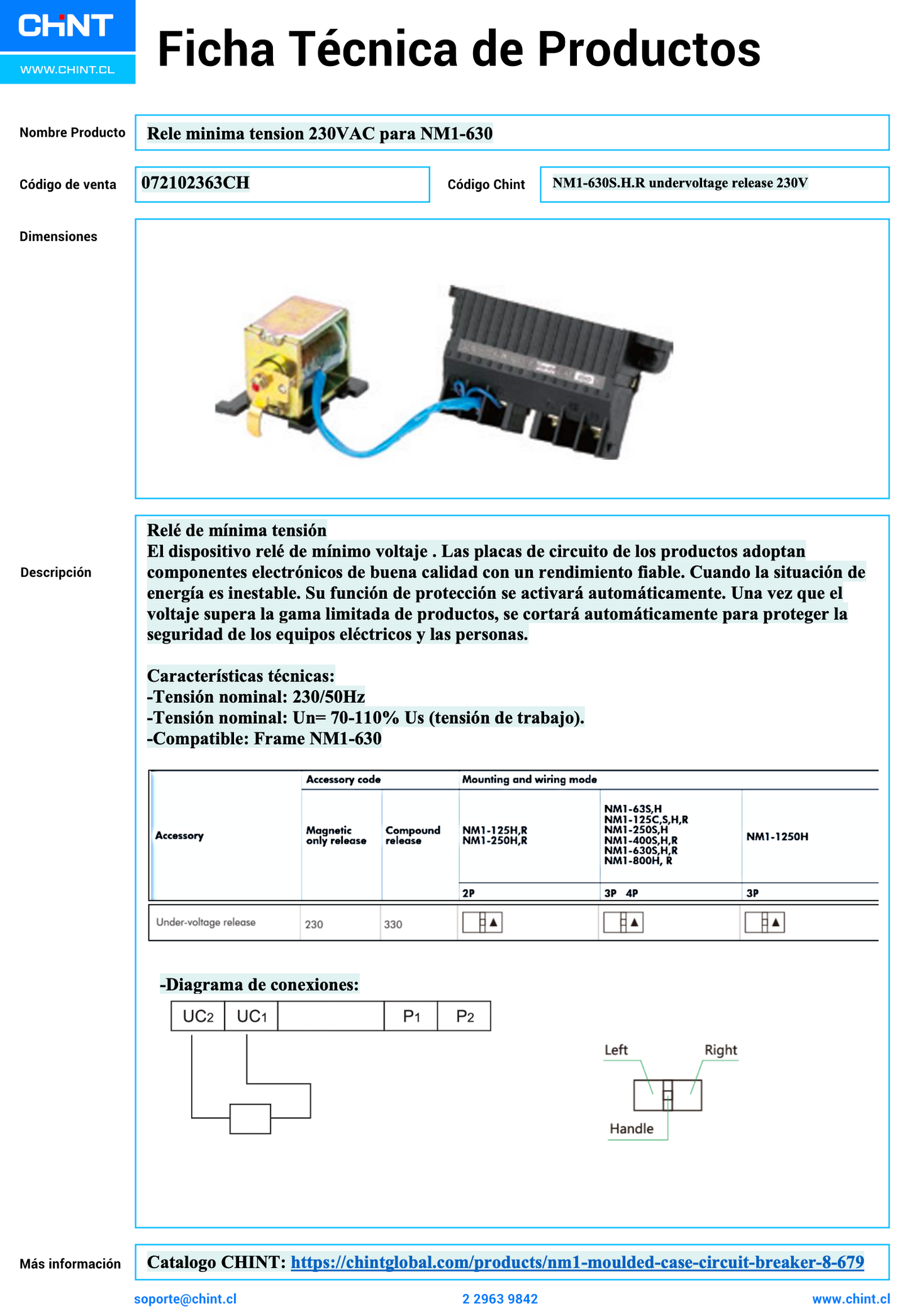 Relé de mínima tensión CHINT 230VAC para Interruptor NM1-630 – Código 072102363CH