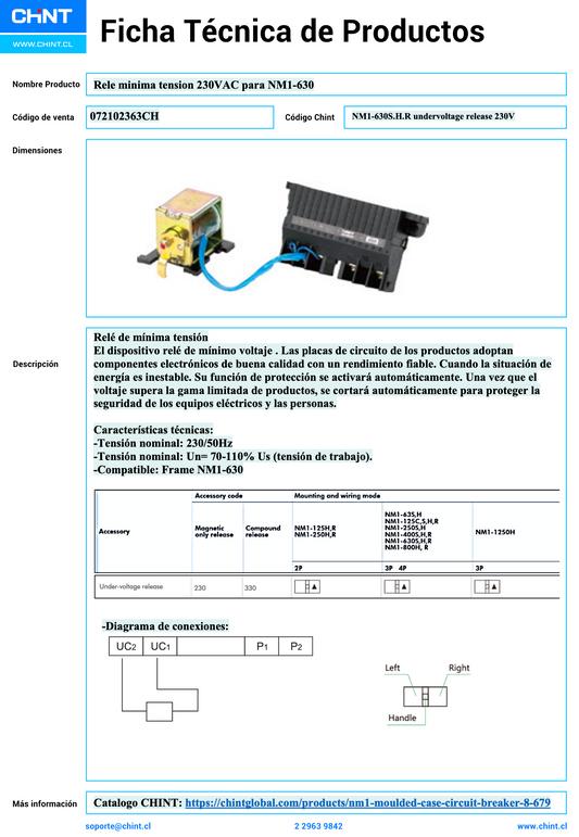 Relé de mínima tensión CHINT 230VAC para Interruptor NM1-630 – Código 072102363CH