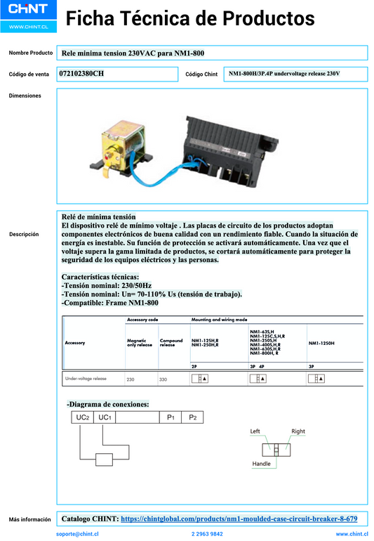 Relé de mínima tensión CHINT 230 VAC para interruptores automáticos NM1-800 / NM1-800H 3P-4P – Código 072102380CH