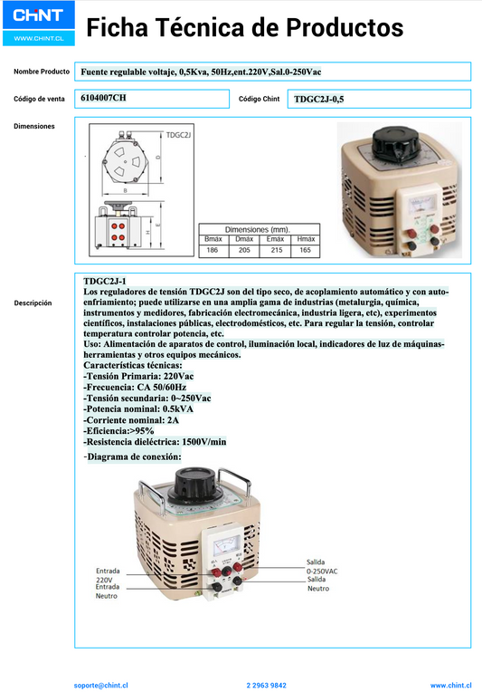 Fuente Regulable CHINT TDGC2J-0,5 0,5 kVA 220V Entrada / 0–250V Salida – Código 6104007CH
