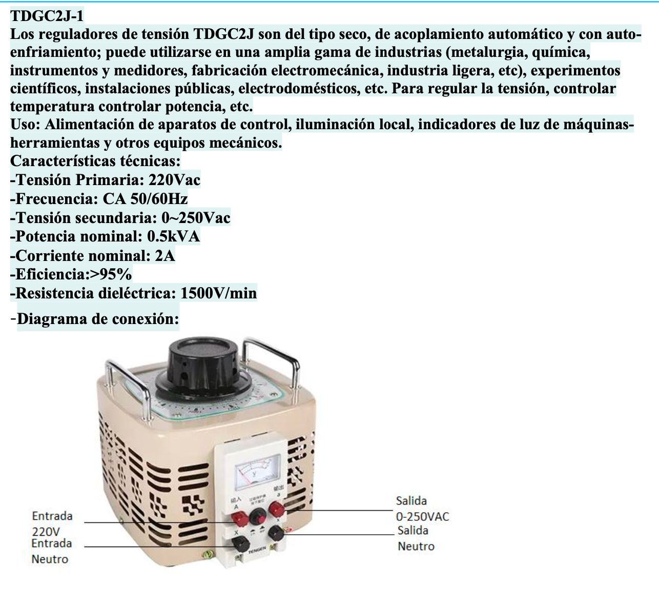 Fuente Regulable CHINT TDGC2J-0,5 0,5 kVA 220V Entrada / 0–250V Salida – Código 6104007CH