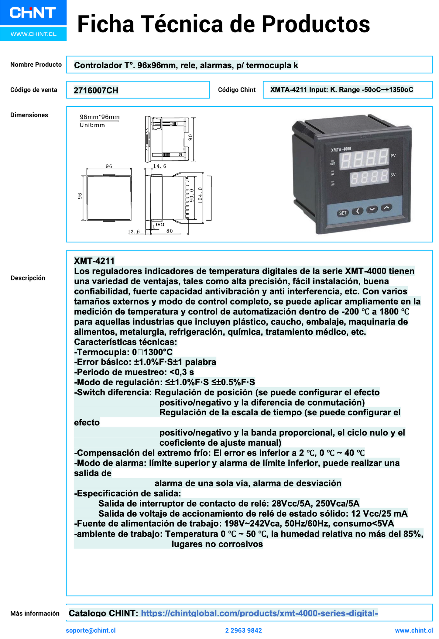 Controlador de Temperatura CHINT XMTA-4211 96x96mm para Termocupla Tipo K – Código 2716007CH