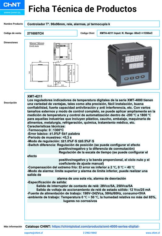 Controlador de Temperatura CHINT XMTA-4211 96x96mm para Termocupla Tipo K – Código 2716007CH