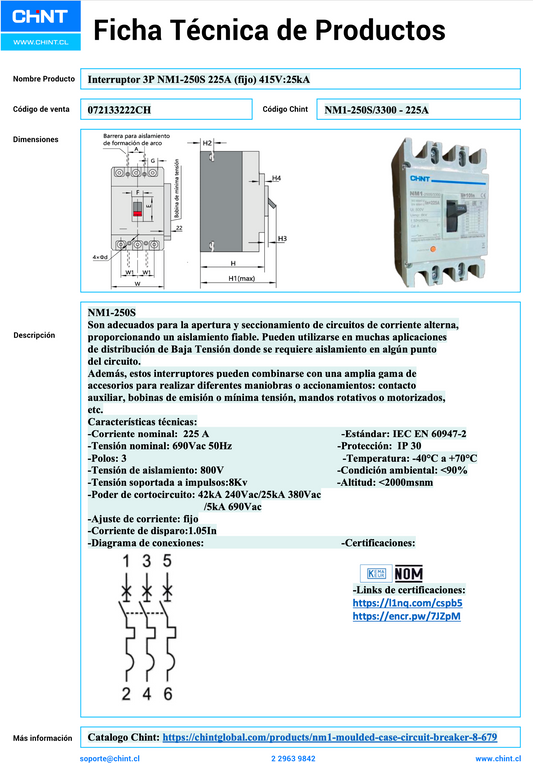 Interruptor Automático CHINT NM1-250S 3P 225A 25kA 415V – Código 072133222CH