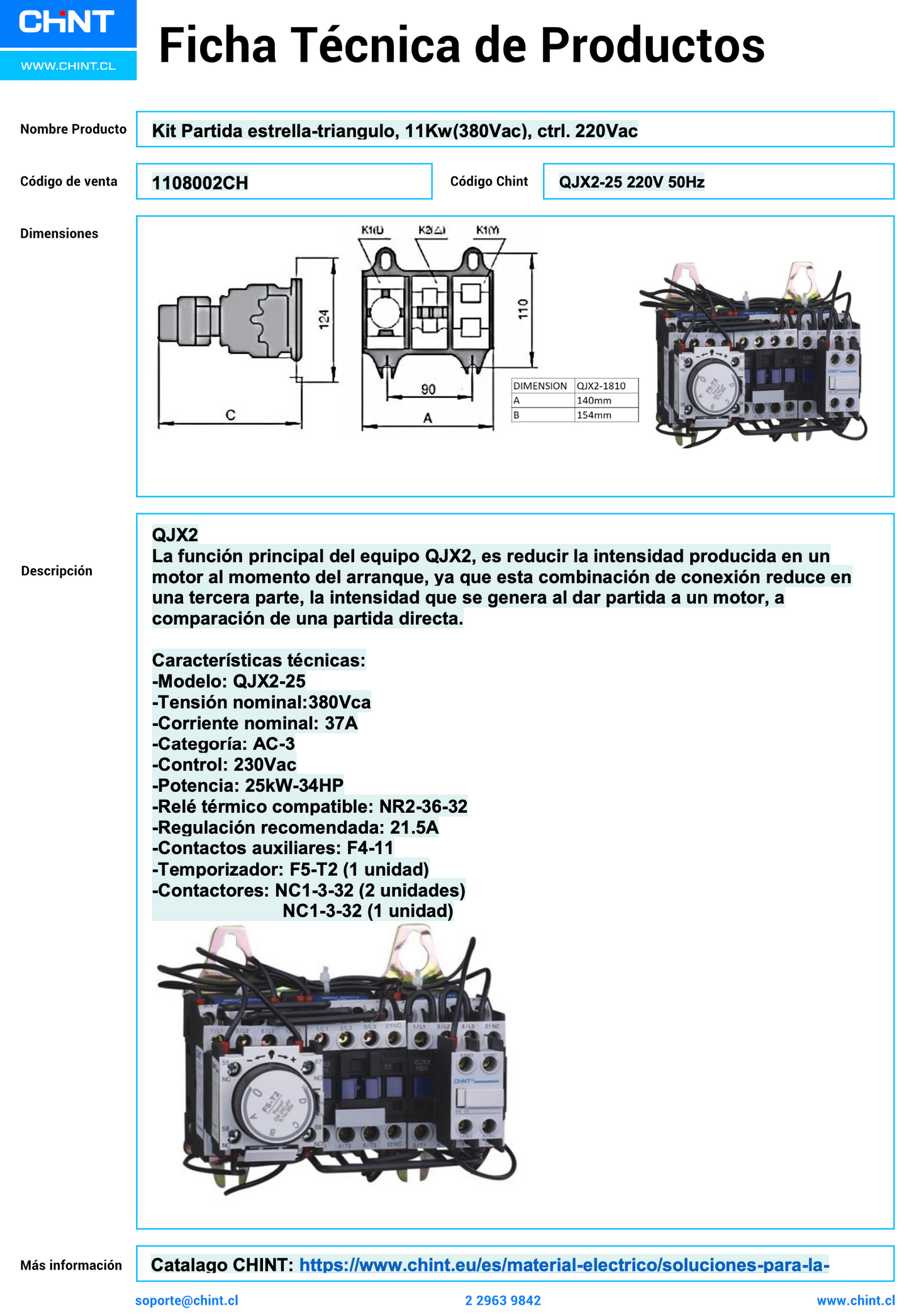 Kit de Partida Estrella-Delta CHINT QJX2-25 11 kW 380V Control 220V – Código 1108002CH