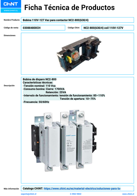 Bobina CHINT 110–127V AC para Contactor NC2-800 (630/4) – Código 030884800CH