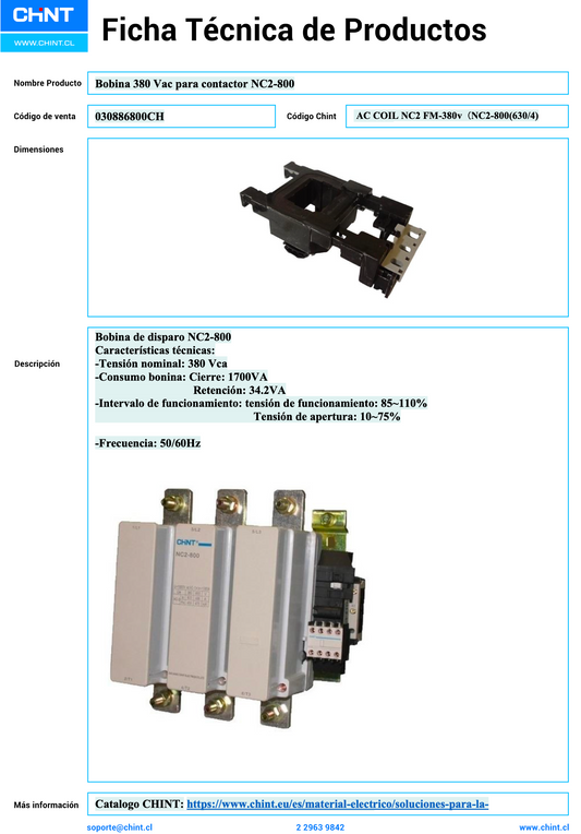 Bobina CHINT 380–415V AC para Contactor NC2-800 (630/4) – Código 030886800CH