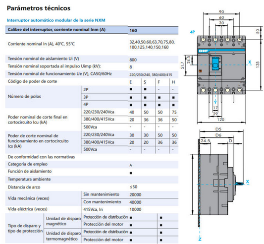 Interruptor Automático MCCB CHINT NXM-160S 4P 80A 36kA Fijo – Código 07212430080CH