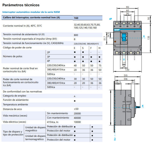 Interruptor Automático MCCB CHINT NXM-160S 4P 100A 36kA Fijo – Código 07212430100CH