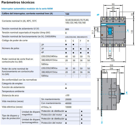 Interruptor Automático MCCB CHINT NXM-160S 4P 125A 36kA Fijo – Código 07212430125CH