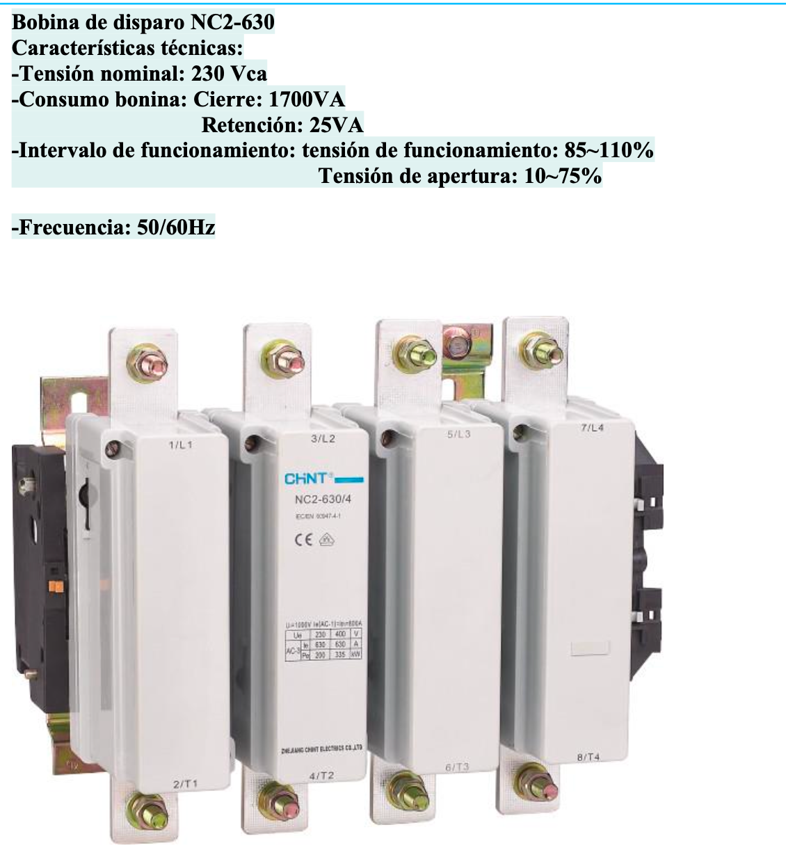 Bobina CHINT 230–240 V AC para Contactor NC2-630 – Código 030885630CH