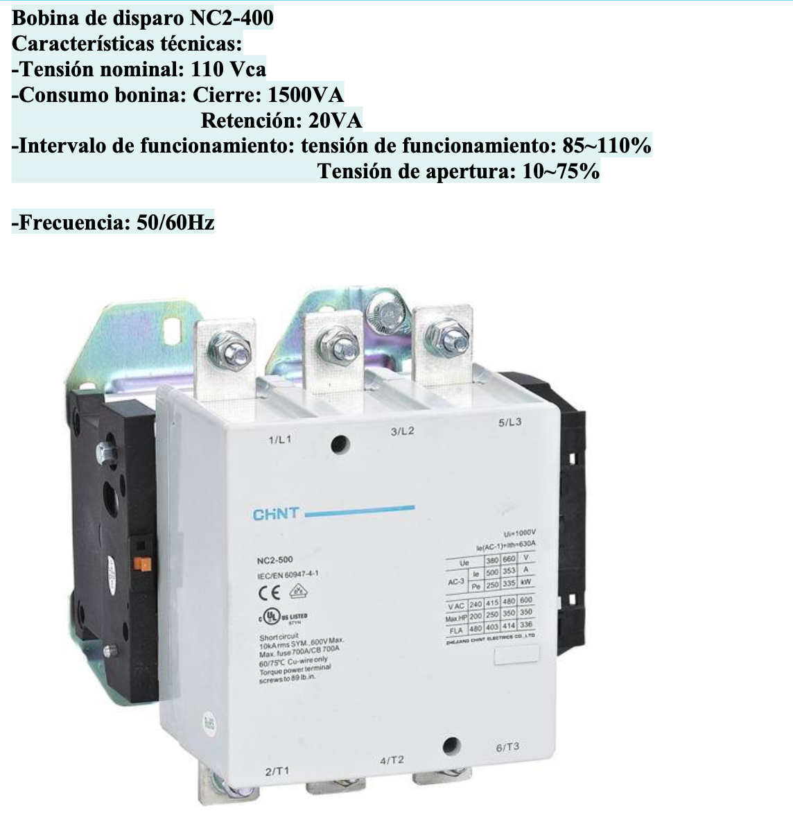 Bobina CHINT 110 V AC para Contactor NC2-500 – Código 030884500CH