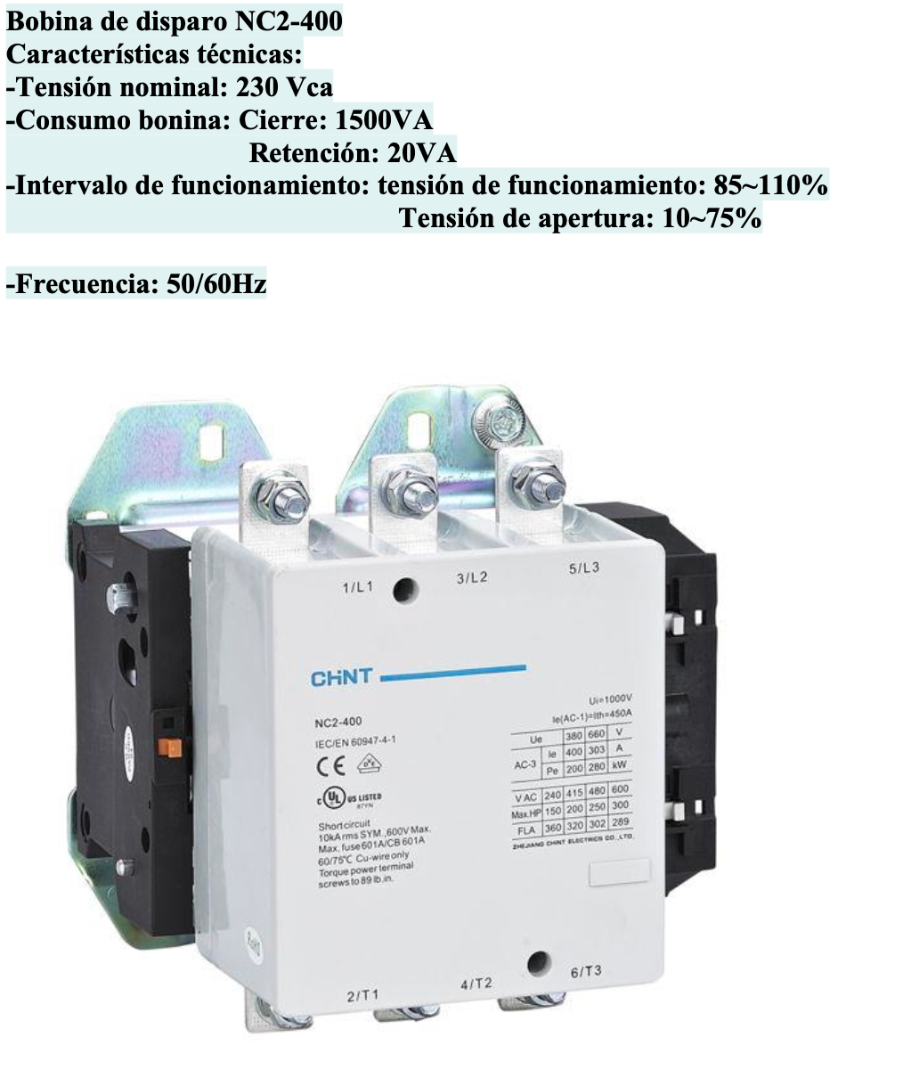 Bobina CHINT 230–240 V AC para Contactor NC2-400 – Código 030885400CH