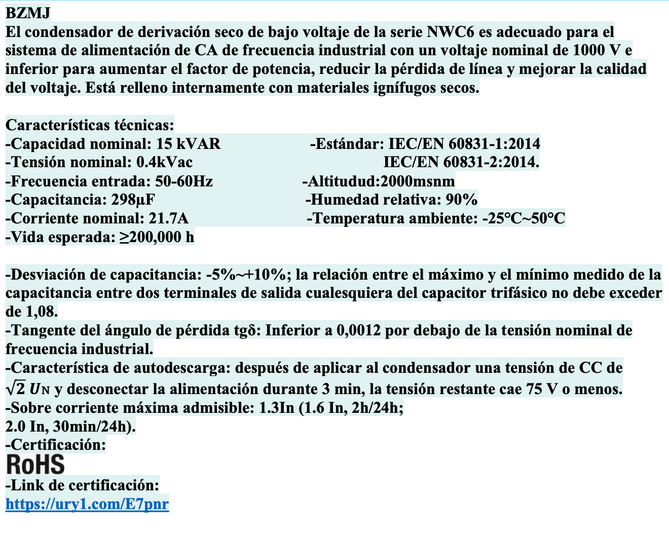 Condensador Trifásico CHINT BZMJ 15 kVAR 400 V 50 Hz – Código 150315040CH