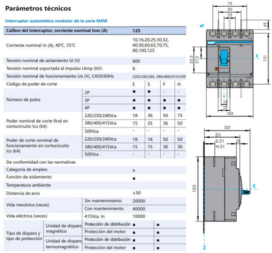 Interruptor Automático MCCB CHINT NXM-125S 4P 80A 25kA Fijo – Código 07212420080CH
