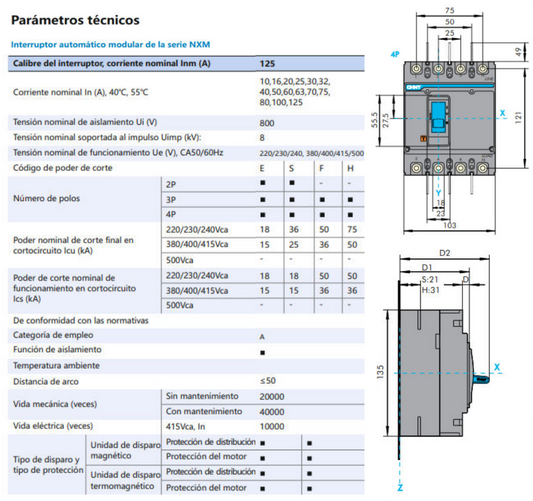 Interruptor Automático MCCB CHINT NXM-125S 4P 125A 25kA Fijo – Código 07212420125CH