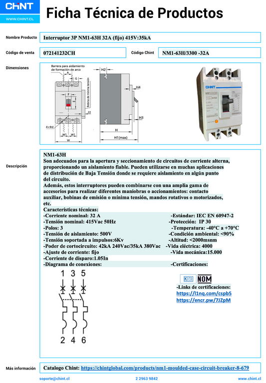 Interruptor Automático CHINT NM1-63H 3P 32A 35kA Fijo – Código 072141232CH