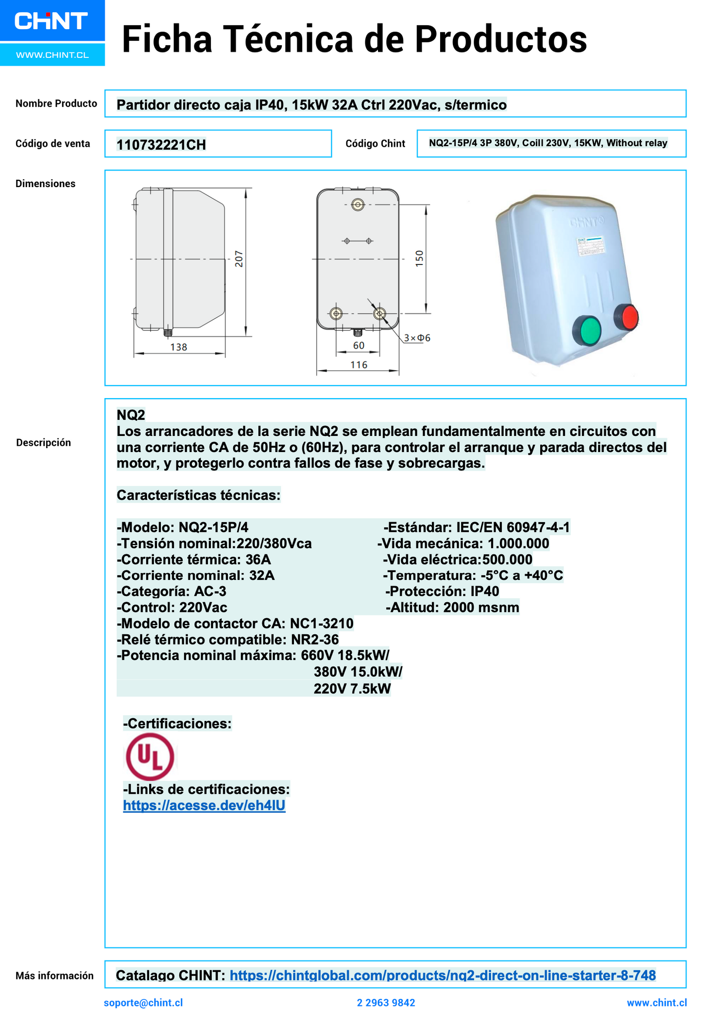 Partidor Directo CHINT NQ2-15P/4 15kW 32A IP40 Control 220VAC sin Relé Térmico – Código 110732221CH