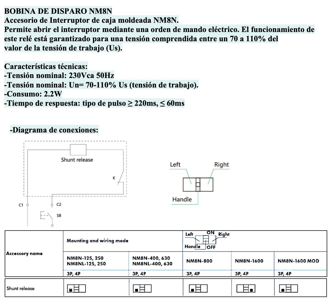 Bobina de Disparo CHINT SHT25-M8 para Interruptor NM8N-1600 220-240VAC – Código 072201511CH