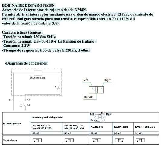 Bobina de Disparo CHINT SHT25-M8 para Interruptor NM8N-1600 220-240VAC – Código 072201511CH