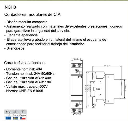 Contactor Modular CHINT NCH8-40Z/20 40A 24V AC/DC 2NA – Código 03010406856CH