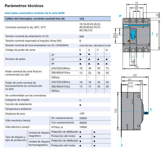 Interruptor MCCB CHINT NXM-125E 4P 80A 15kA Fijo – Código 07212410080CH