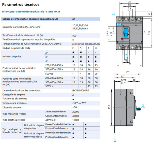 Interruptor MCCB CHINT NXM-63S 4P 16A 25kA Fijo – Código 07212420016CH