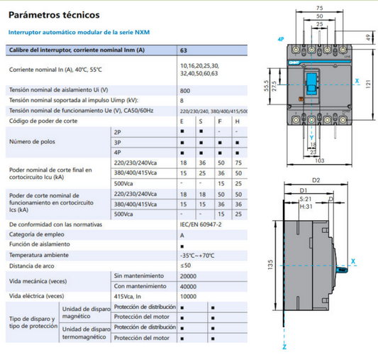 Interruptor MCCB CHINT NXM-63S 4P 32A 25kA Fijo – Código 07212420032CH