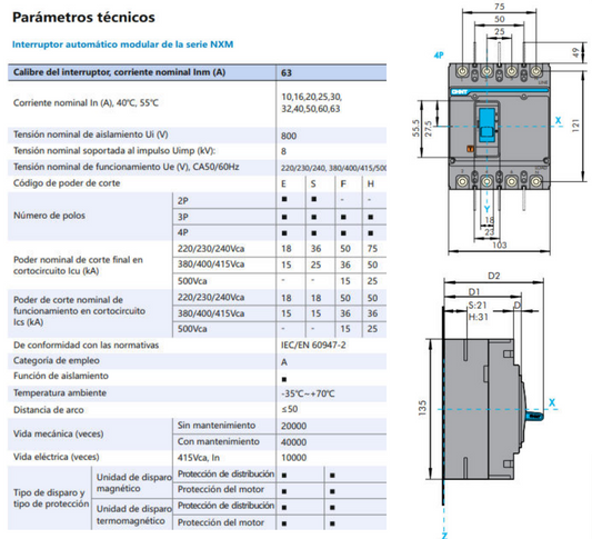 Interruptor MCCB CHINT NXM-63S 4P 40A 25kA Fijo – Código 07212420040CH