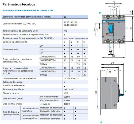 Interruptor MCCB CHINT NXM-63S 4P 50A 25kA Fijo – Código 07212420050CH