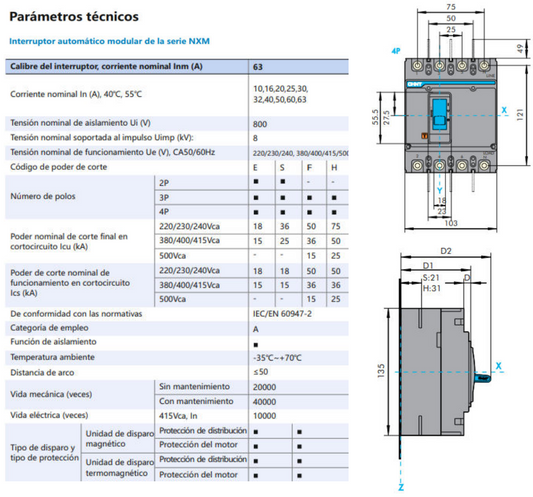 Interruptor MCCB CHINT NXM-63S 4P 63A 25kA Fijo – Código 07212420063CH