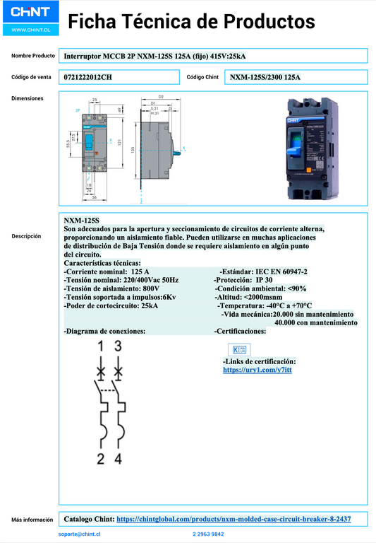 Interruptor MCCB CHINT NXM-125S 2P 125A 25kA Fijo – Código 0721222012CH
