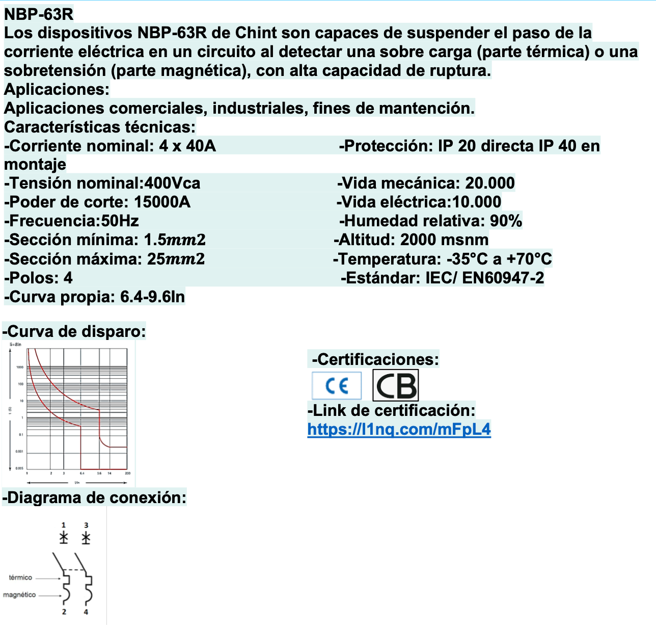 Interruptor Termomagnético CHINT NBP-63R 4P 40A 15kA – Código 07030440CH