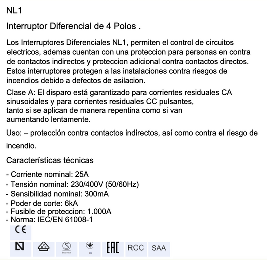 Interruptor Diferencial Inmunizado CHINT NL1 Tipo A 4P 25A 300mA 6kA – Código 070342530CH