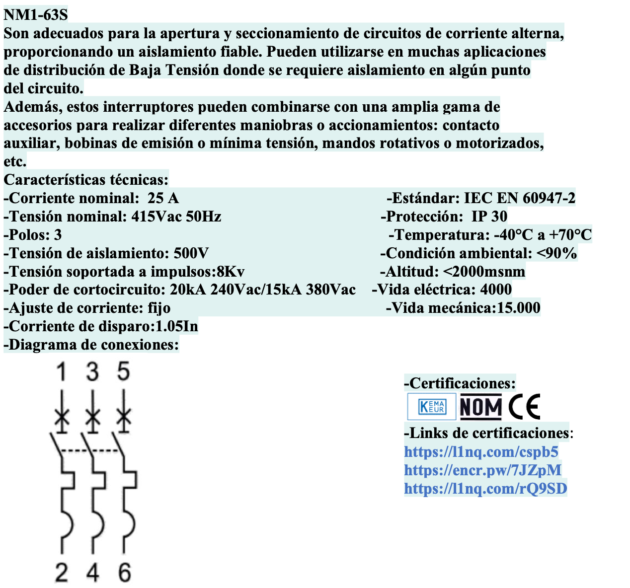 Interruptor Automático MCCB CHINT NM1-63S 3P 25A 15kA Fijo – Código 072131225CH