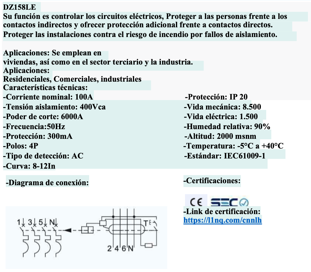 Interruptor Diferencial CHINT DZ158LE 4P 100A 300mA 6kA – Código 070251030CH