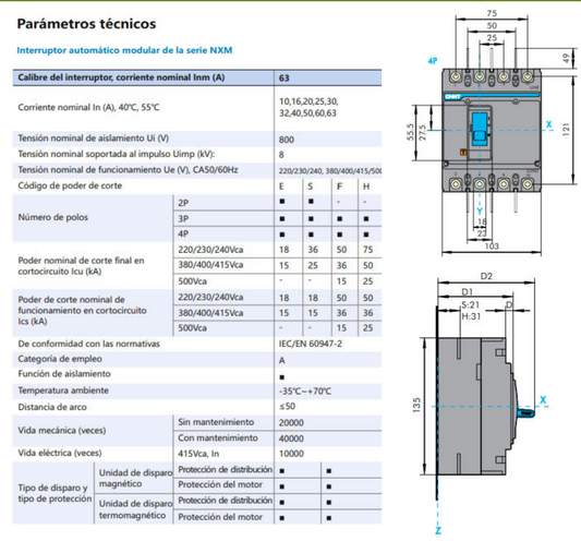 Interruptor Automático Moldado CHINT NXM-63E/4300B 4P 10 A 15 kA – Código 07212410010CH