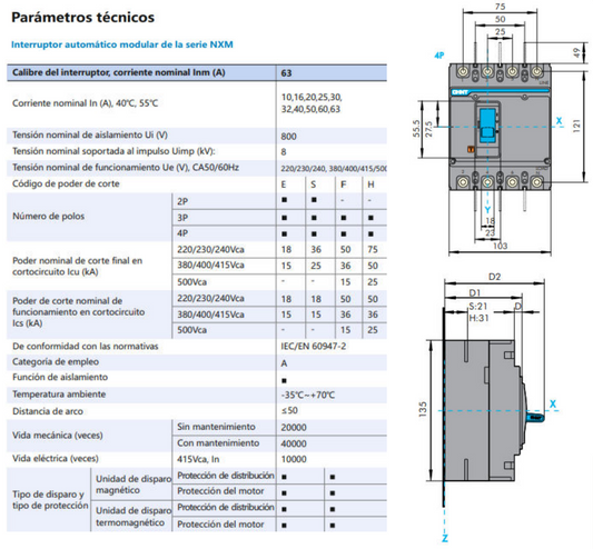 Interruptor Automático Moldado CHINT NXM-63E/4300B 4P 20 A 15 kA – Código 07212410020CH
