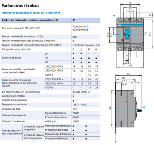Interruptor Automático Moldado CHINT NXM-63E/4300B 4P 50 A 15 kA – Código 07212410050CH