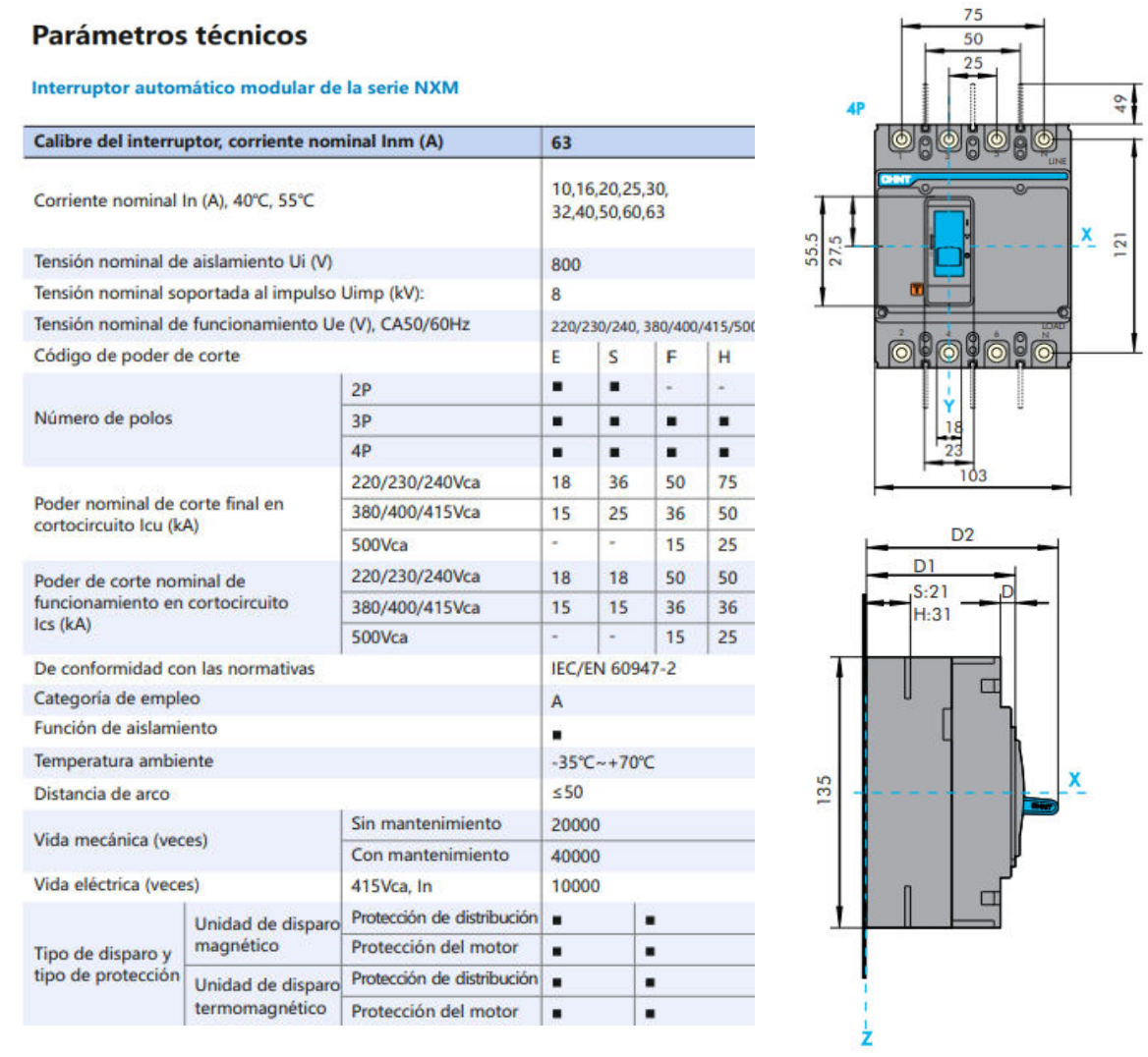 Interruptor Automático Moldado CHINT NXM-63E/4300B 4P 63 A 15 kA – Código 07212410063CH