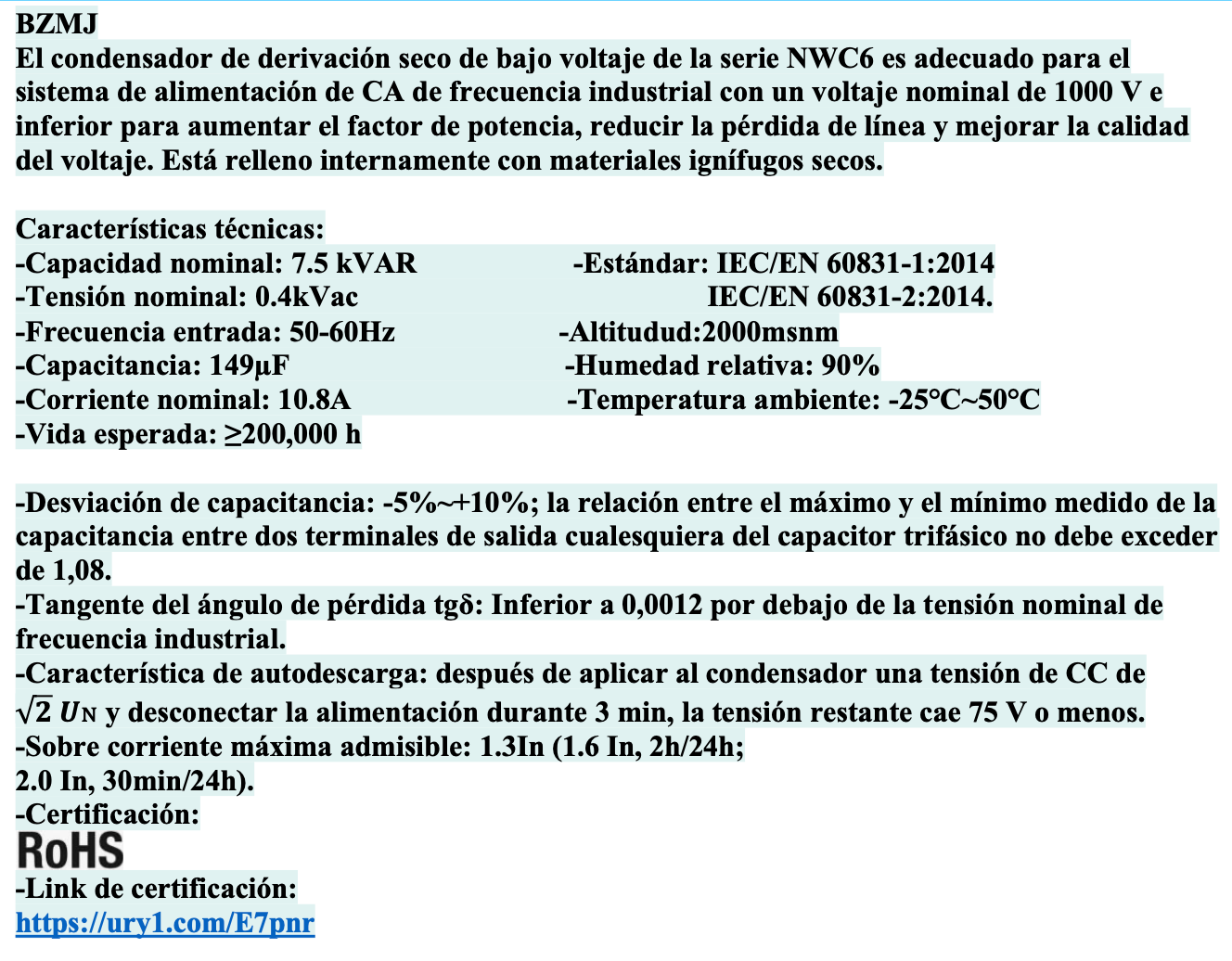 Condensador Trifásico CHINT BZMJ 7,5 kVAR 400 V 50 Hz Tipo Caja – Código 150307540CH