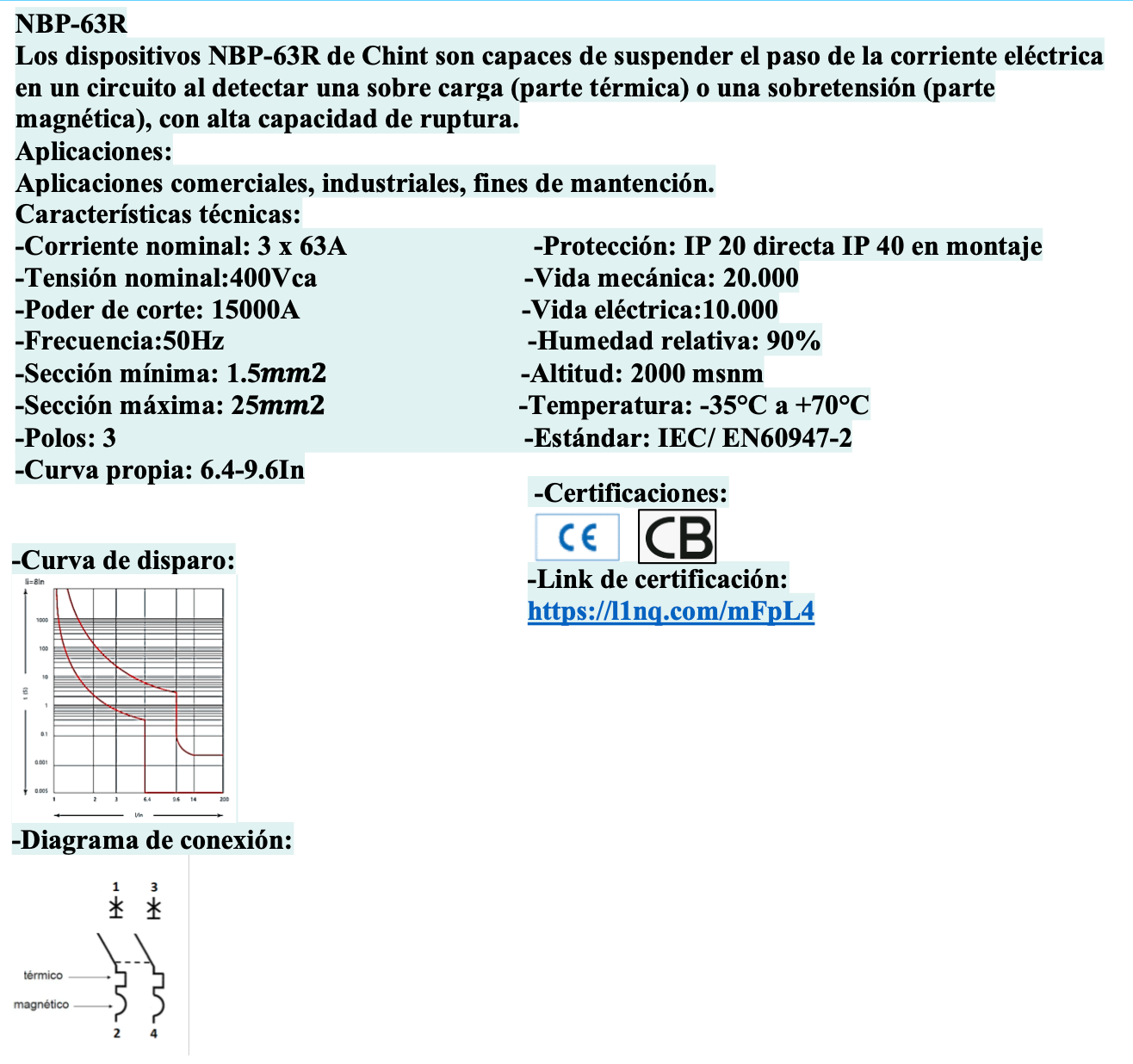 Interruptor Termomagnético CHINT NBP-63R 3P 63 A 15 kA – Código 07030363CH