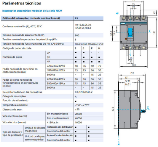 Interruptor MCCB CHINT NXM-63S 4P 10A 25kA Fijo – Código 07212420010CH
