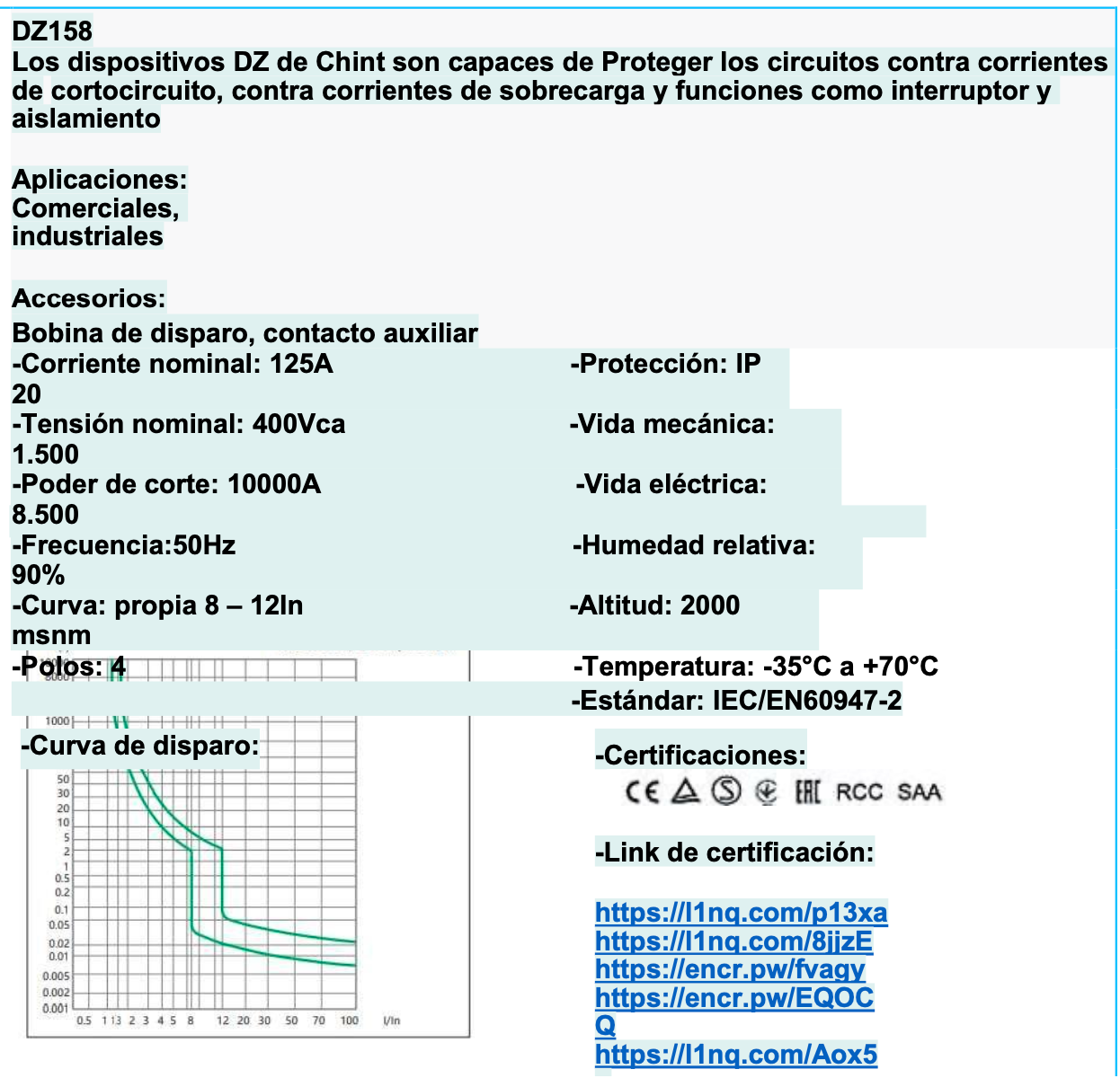 Interruptor Termomagnético MCCB CHINT DZ158-125 4P 125A 10kA – Código 070114125CH