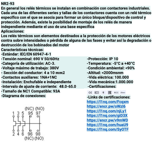 Relé Térmico CHINT NR2-93 48–65A para Contactor NC1 40–95A – Código 05011650CH