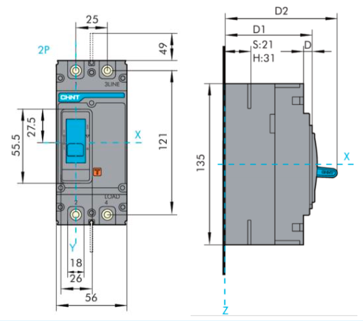 Interruptor Termomagnético MCCB CHINT NXM-63S 2P 10A 25kA 415V Fijo – Código 0721222010CH