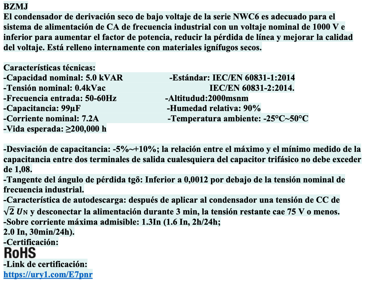 Condensador Trifásico CHINT BZMJ 0.4-5-3 5 kVAR 400 V 50 Hz Tipo Caja – Código 150305540CH