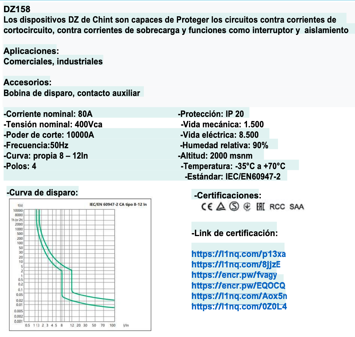 Interruptor Termomagnético CHINT DZ158-125 4P 80A 10kA – Código 070114080CH