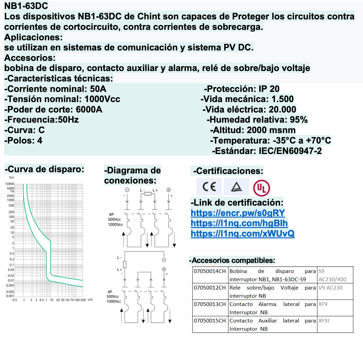 Interruptor DC CHINT NB1-63DC 2P 50A 1000VDC – Código 07032450CH