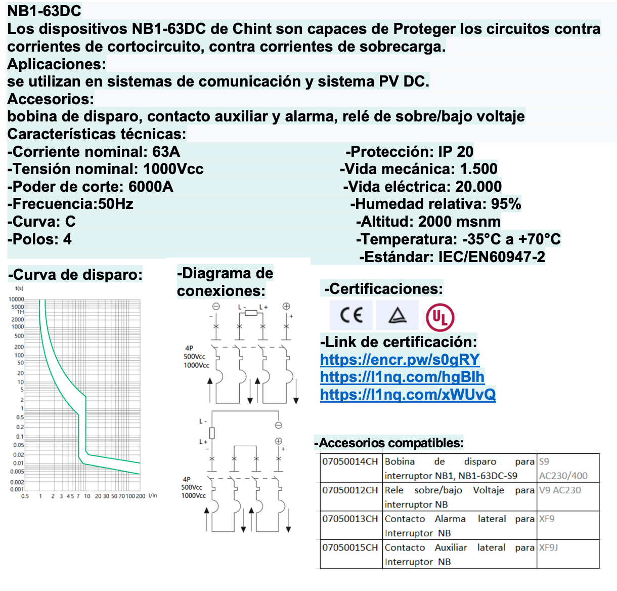 Interruptor DC CHINT NB1-63DC 2P 63A 1000VDC – Código 07032463CH
